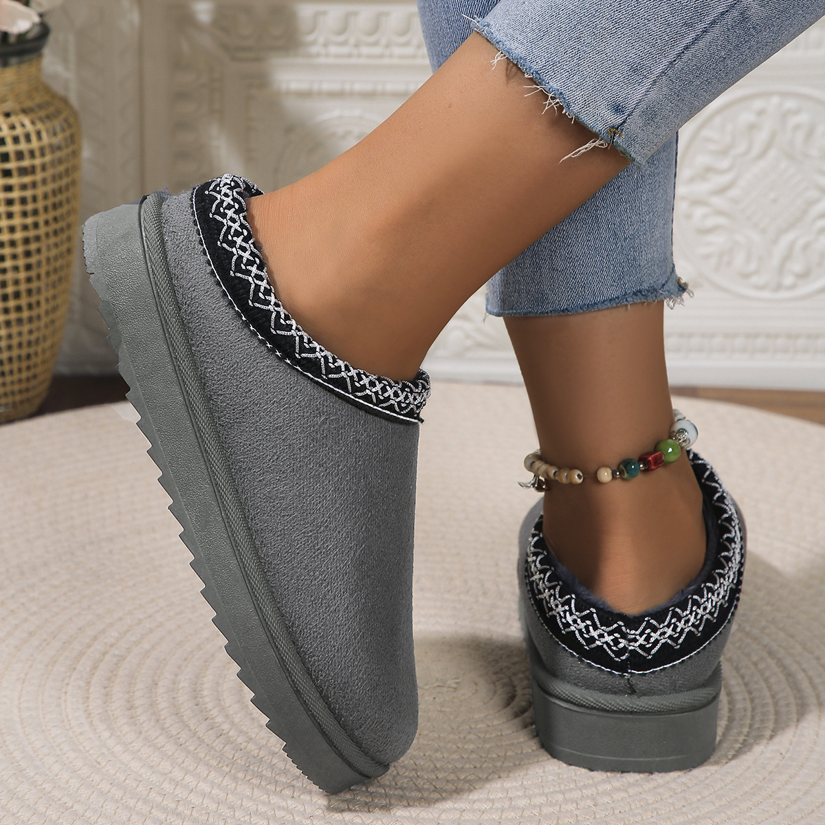 Lace ethnic fashion snow boots women's shoes semi-drag cotton shoes autumn and winter indoor outdoor_viptrois.com