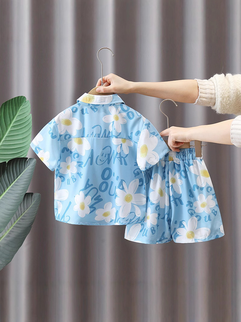 7113 Traje de ropa de playa para niños Camisa de flores de manga corta de verano Pantalones cortos Ropa de verano de vacaciones para niños Traje de dos piezas Red Red Tide