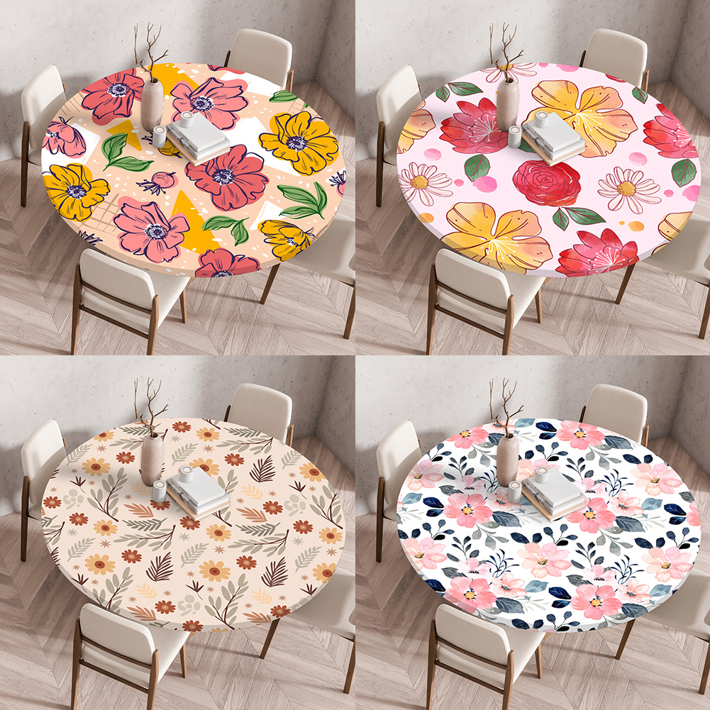 Cross-Border Elastic Band Tablecloth, Small Fresh Floral Background Table Cover, Printed Round Tablecloth, Waterproof Dining Table Elastic Table Cover