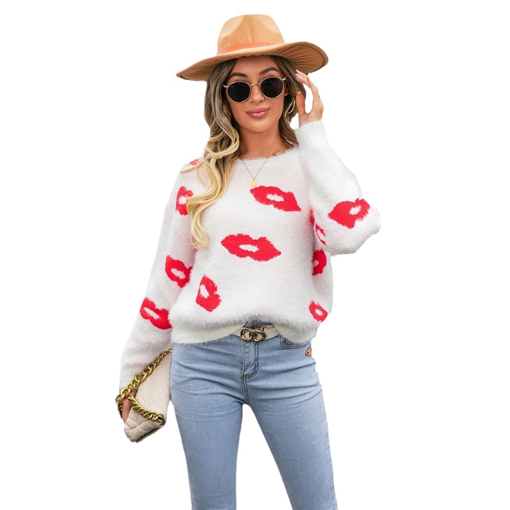 Suéter de Moda Primavera 2026 para Mujer, Diseño de Labios para el Día de San Valentín, Cuello Redondo, Suéter con Corazón para Exportación a Amazon image 6