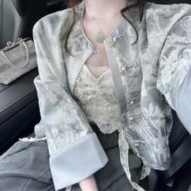 秋装搭配一整套大码胖高级感新中式提花短外套阔腿裤国风套装女
