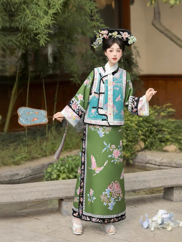 汉服女清代印花古装清朝延吉公主旗袍宫廷格格服两件套旅拍服装女|undefined