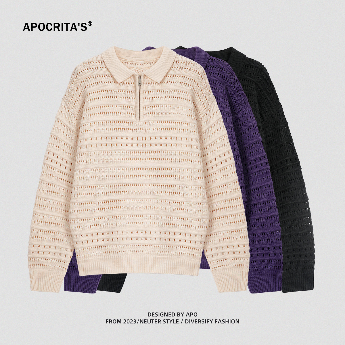 APO Men's Wear | Lazy Sweater Texture 2023 Autumn/Winter Fashionable Polo Collar Long Sleeve Half Open Open Open Open Open Zipper Sweater
