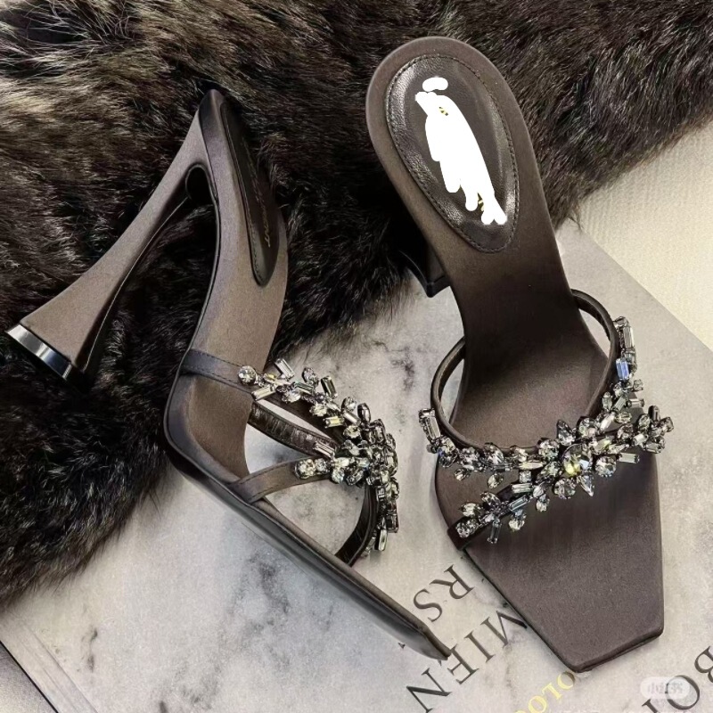 Yangshulin's Same Style 2025 Summer Square-Toe Rhinestone One-Strap Sandals for Women with Open-Toe High Heels and Sexy Outer Slippers