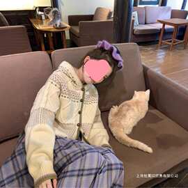 跨境韩系慵懒感复古小众针织麻花毛衣女设计感百搭撞色连帽开衫外