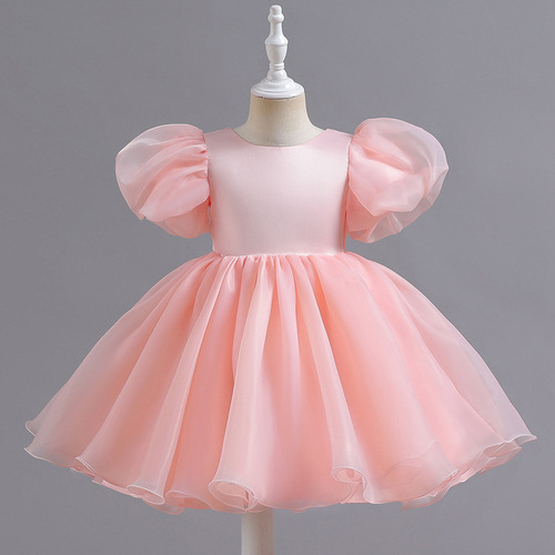 Girls' dress, evening dress, puff sleeves, short satin tutu skirt, back slit with bow, advanced
