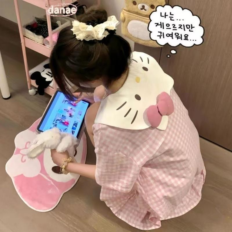 良質ソース工場ナイトガウン夏ネイビーカラーピンクと白シリーズキティ新しいテンセル綿ホーム服|undefined