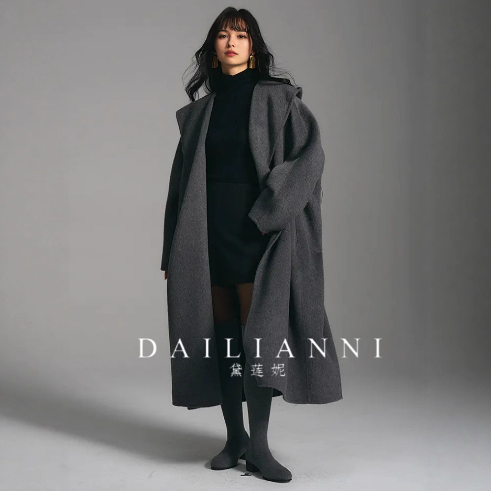 澳洲全羊毛呢外套女气质连帽系带中长款2025秋冬新款双面呢大衣女