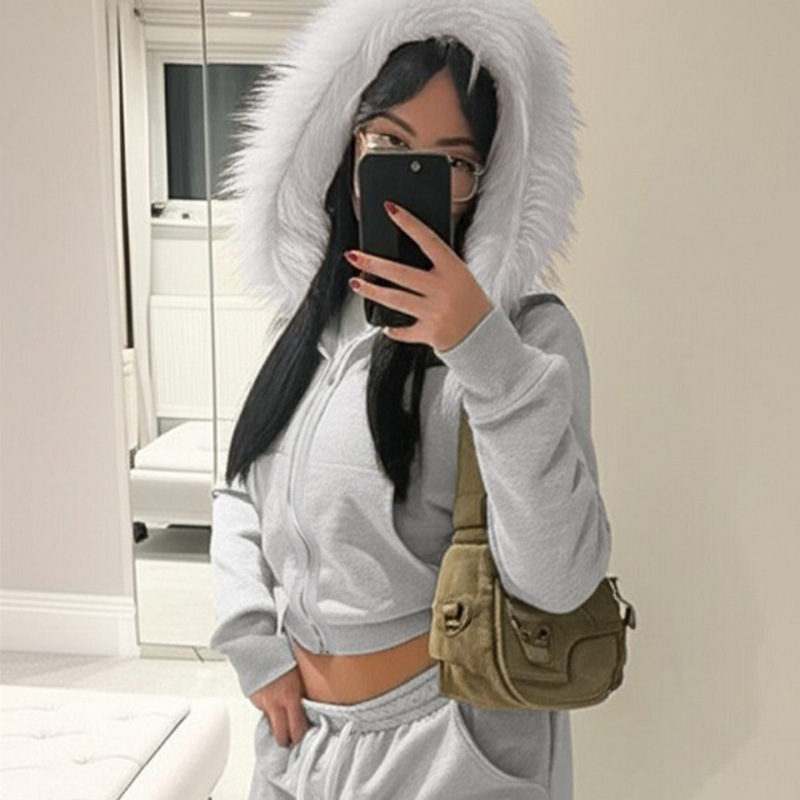 秋冬新款美式辣妹风毛毛领连帽卫衣拉链口袋拼接外穿休闲灰色外套|undefined