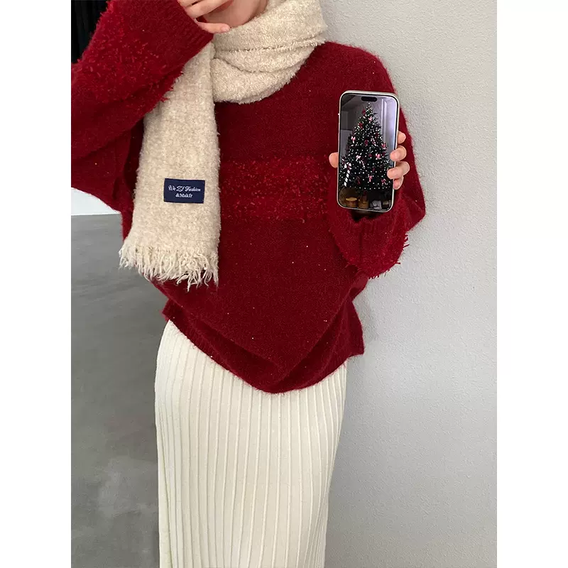 江左 恭喜发财 韩系软糯圆领毛衣女冬25新款宽松显瘦加厚上衣8029