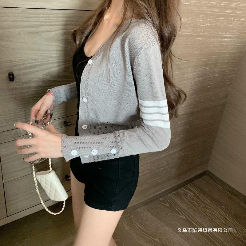 Knitted Cardigan with Thin Outerwear for Women 2025 Spring Slim Shawl Collar Waist Long Sleeve Ice Silk Short Top