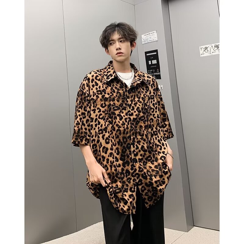 Summer Thin Ice Silk Short-Sleeve Shirt for Men and Women, American Retro Stand Collar Loose Leopard Print Half-Sleeve Shirt for Men