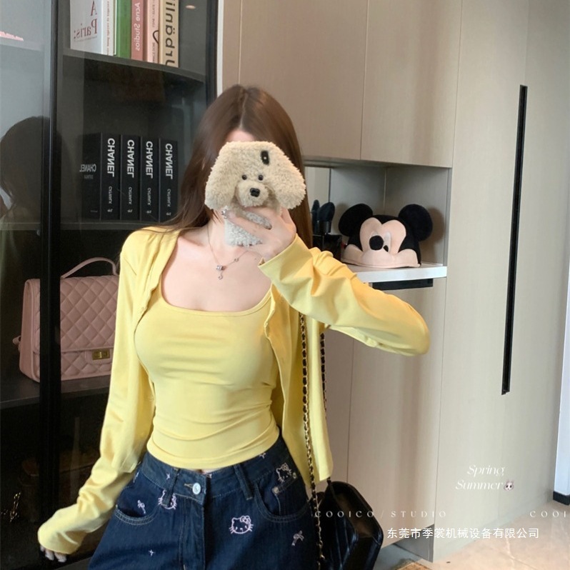 慵懒复古黑色长袖开衫外套女秋季套装修身条纹吊带背心上衣两件套|undefined