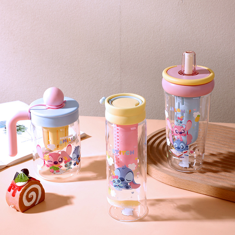 Taza de vidrio de separación de té Stitch nueva taza de paja de vidrio de borosilicato taza de té de dibujos animados taza de agua con fugas de té