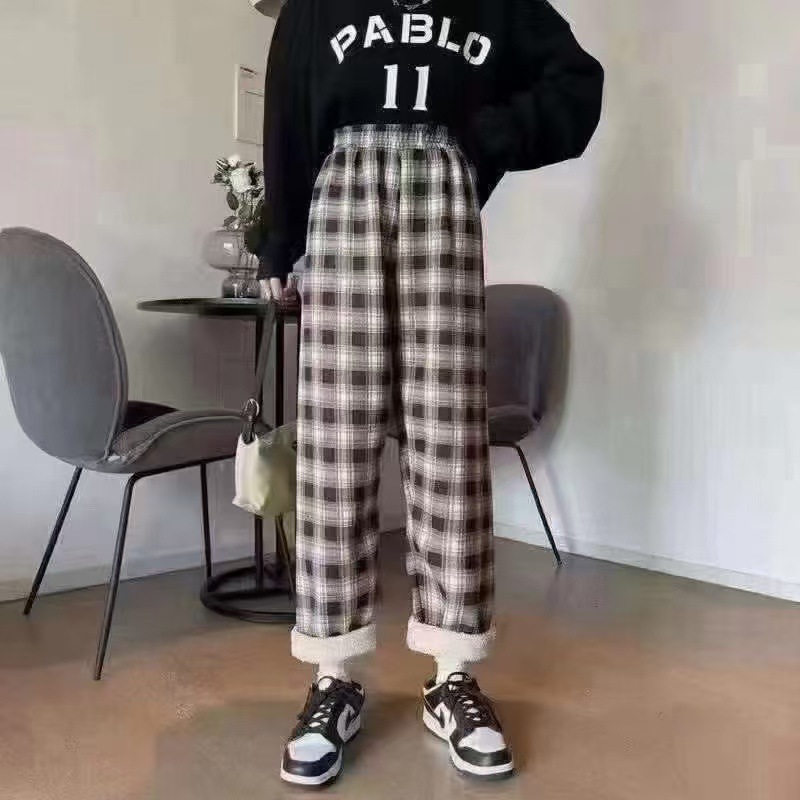 格子とベルベットのワイドパンツ女性冬の新型学生は腰がゆったりしているストレートで、子羊のベルベットの保温カジュアルパンツを厚くしている|undefined