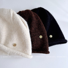 日系卷边短款堆堆帽子女秋冬羊毛混纺针织帽金标贝雷帽百搭毛线帽