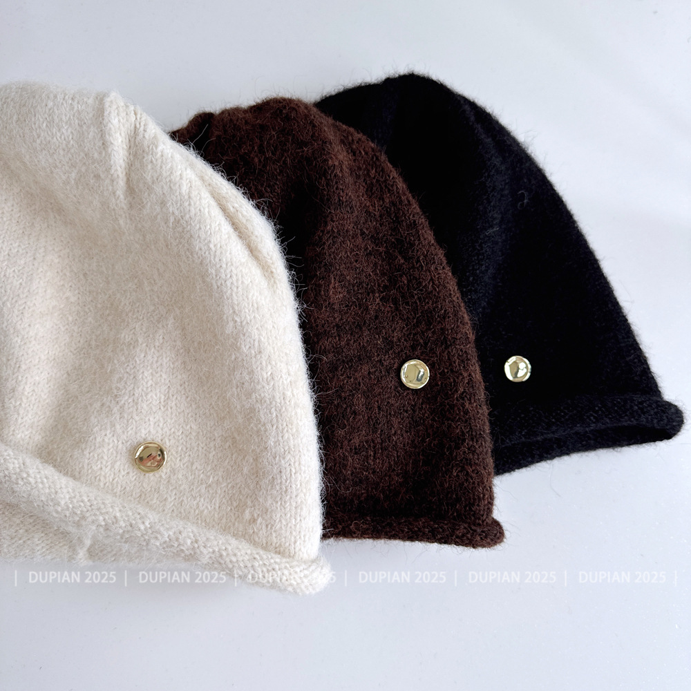 日系卷边短款堆堆帽子女秋冬羊毛混纺针织帽金标贝雷帽百搭毛线帽