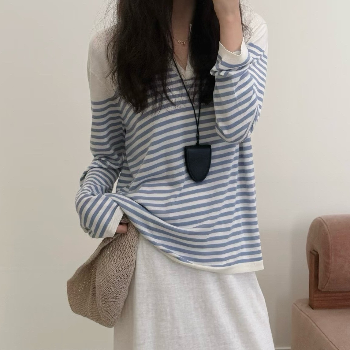 Xiaohejia 26 Early Autumn New Fashion Commuting Versatile Striped Henley Collar Wool Pullover Knit Long Sleeve Top
