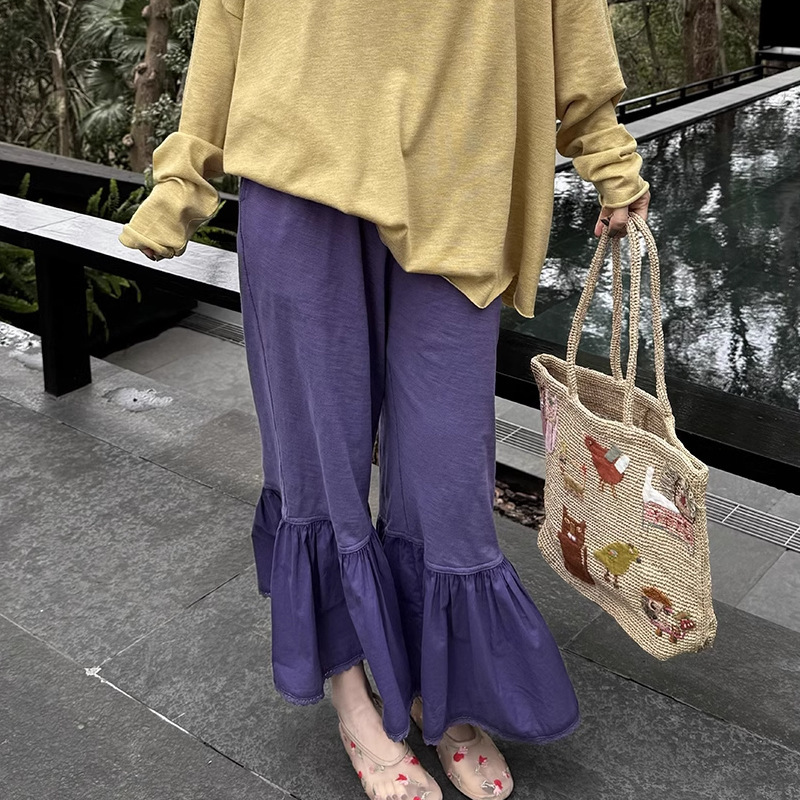 In-Stock Owis Japanese Style Bamboo Texture Pure Cotton Lace Trim Elastic Waist Slimming Cropped Flared Pants 2026 Spring Season