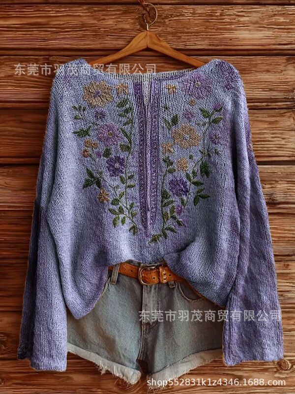 独立站新款高领卫衣仿毛衣 秋冬季碎花圆领宽松毛衣2|undefined