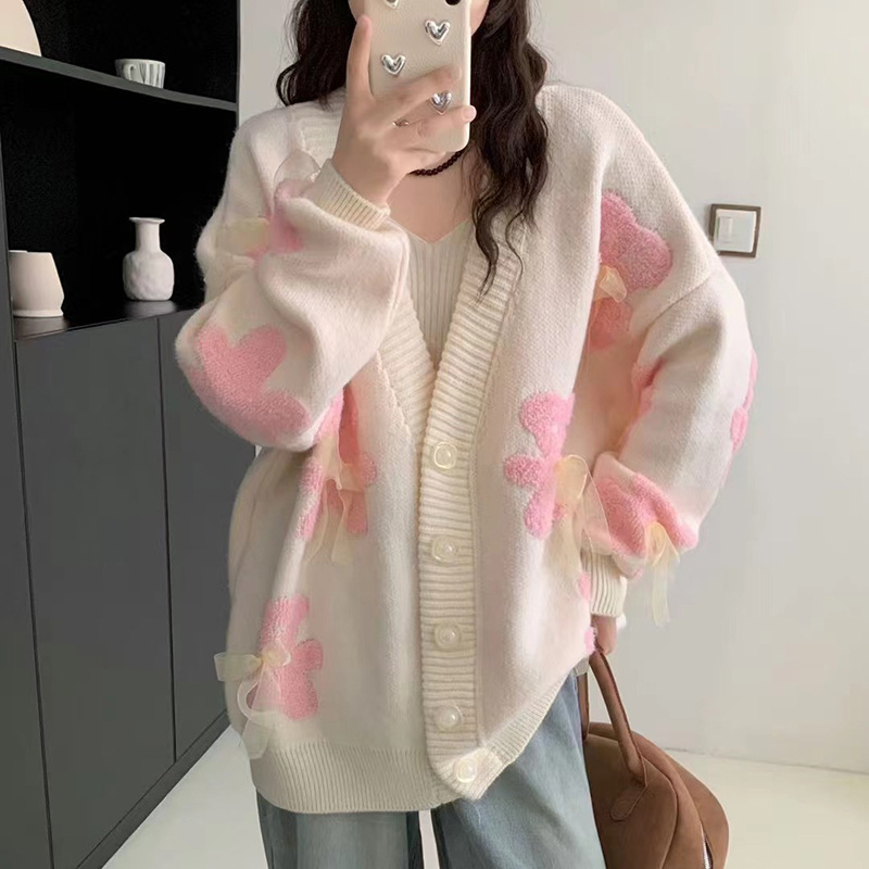 高级感超好看蝴蝶结圆领毛衣女秋冬外套宽松慵懒风爆款洋气上衣潮|undefined