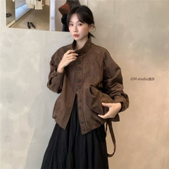 麂皮绒立领外套女欧洲站2025秋季欧货新款宽松百搭带包包长袖上衣