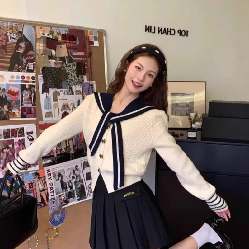 Hong Kong Style Navy Collar Korean Style V Neck Contrasting Color Knitwear Women's Small Fragrant Style Unique and Chic Long-Sleeved Knitwear Top