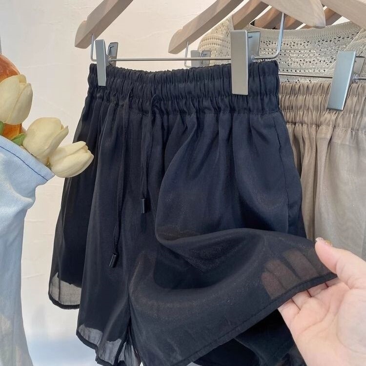 Korean-style versatile sheer shorts for women, summer elastic waist, loose fit, slimming, gentle, sporty, high-waisted, casual pants