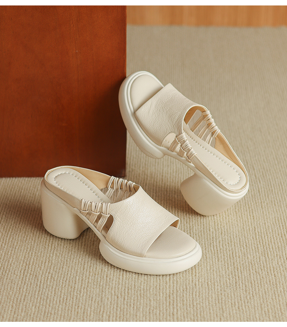 Sandal cao gót nữ da cừu siêu mềm, gót vuông, mũi hở, đế dày, quai ngang đan lưới — màu trắng ngà, màu mơ chi tiết 12