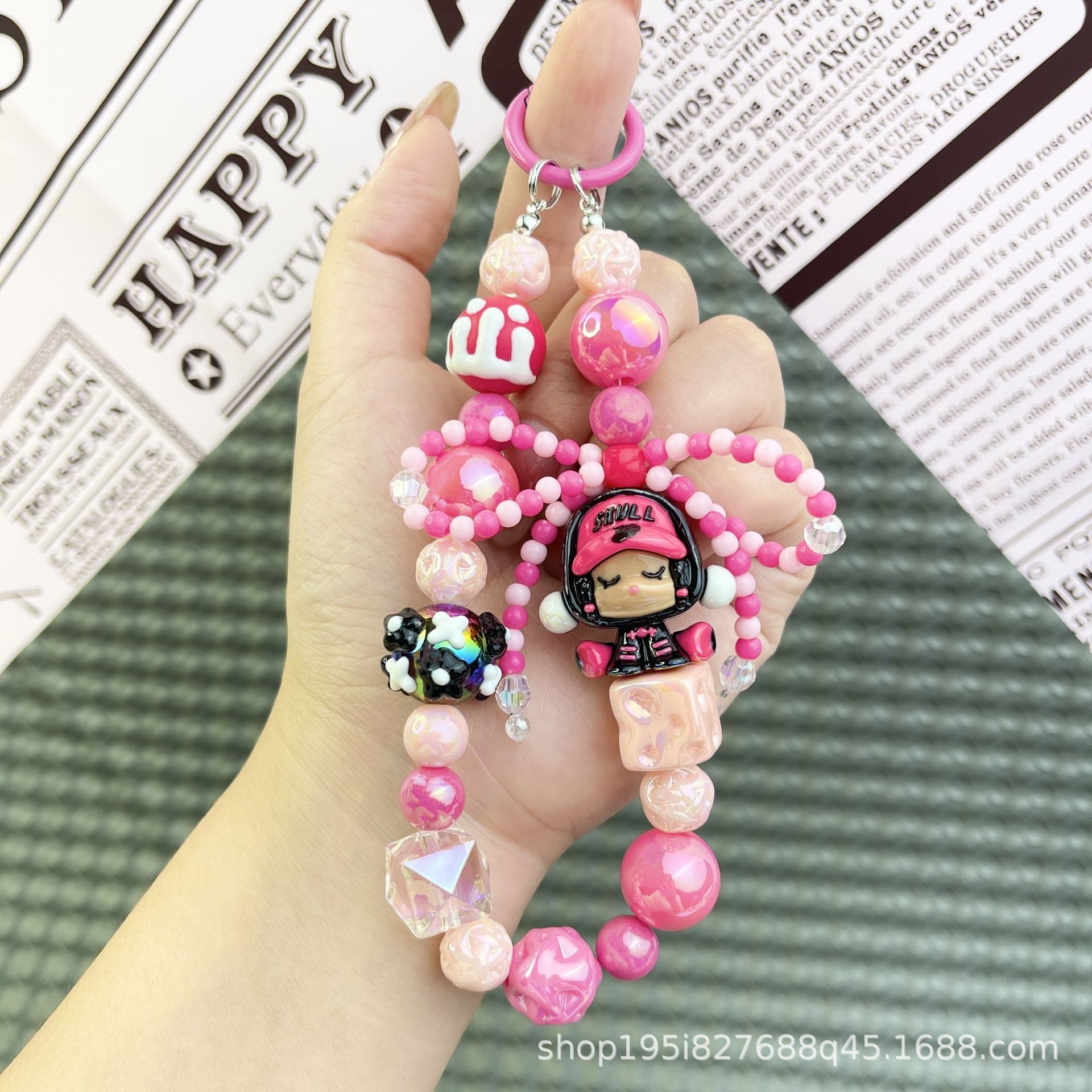 버블마트 핸드페인팅 비즈 리본 펜던트 로즈 레드 (프리 스페이서)