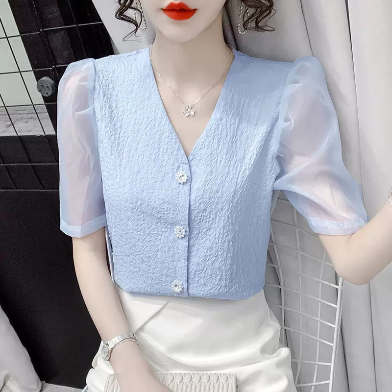 夏季新款甜美清新拼接雪纺五分袖衬衫女v领泡泡袖修身女蕾丝