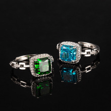 欧美风格奢华高碳钻正方海蓝戒指女名媛风时尚彩宝冰花切锆石戒指