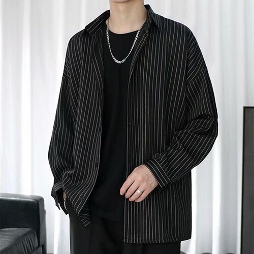 Striped shirt jacket for men, Hong Kong style, Japanese casual loose clothing, trendy black men's long sleeve shirt, summer thin