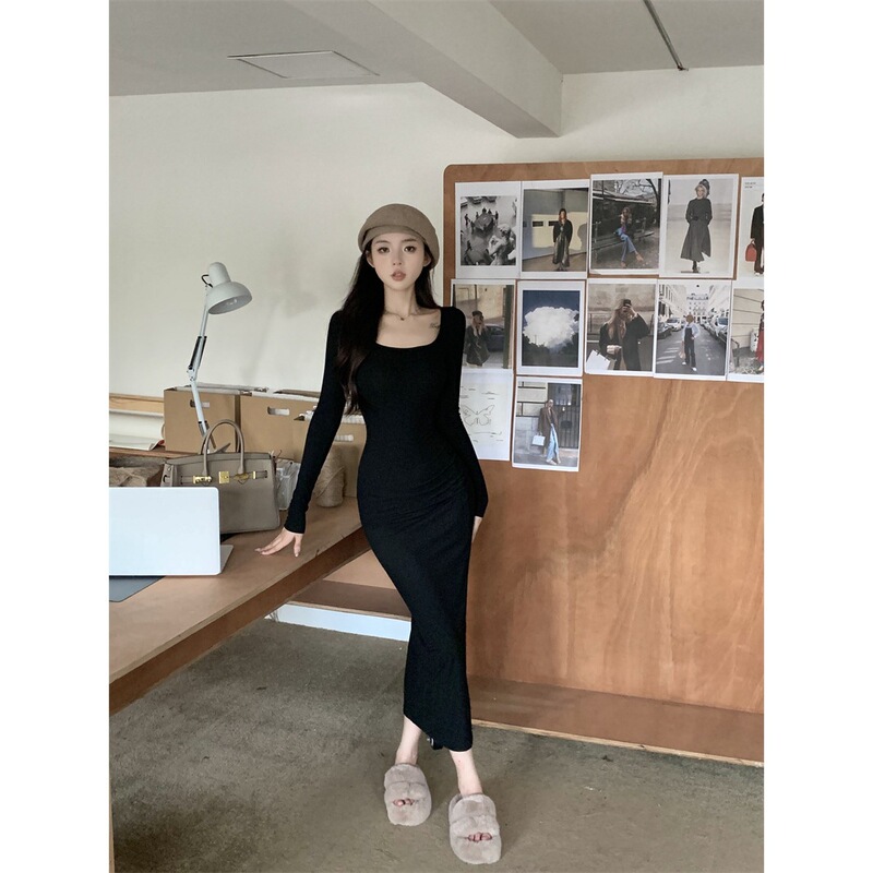 Spring and Autumn Fashionable Versatile Square-Neck High-Waisted Slimming Dress with Slightly Flared Extra-Long Sleeves and Large Fishtail Skirt