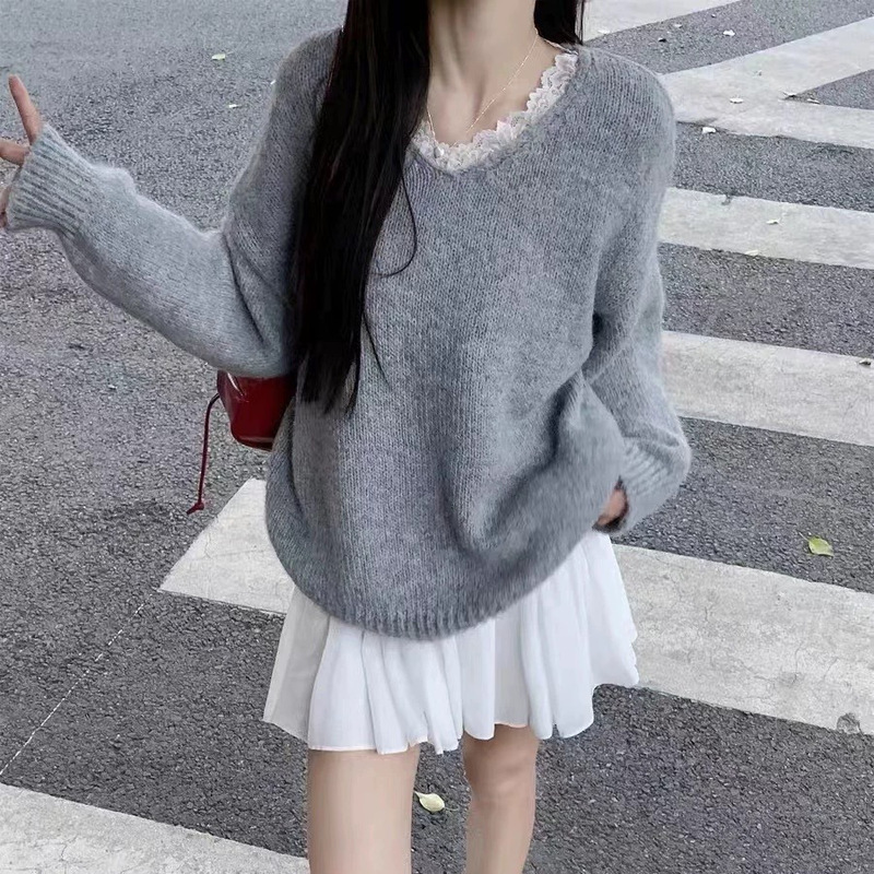 Korean Style V Neck Lace Splicing Sweater for Women 2025 New Autum Loose Lazy Soft Waxy Pullover Knitted Top Korean Style V Neck Lace Splicing Sweater for Women 2025 New Autum Loose Lazy Soft Waxy Pullover Knitted Top