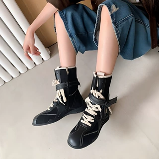 牛皮版复古拳击靴女2026新款中筒马丁靴美拉德拼色西部靴厚底短靴