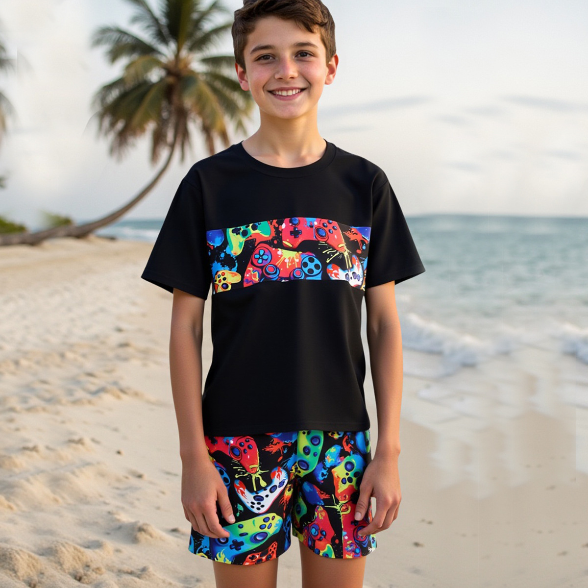 Boys' Foreign Trade Cross-Border Children's Swimsuit Set Beach Shorts Short-Sleeve Quick-Dry Sun Protection Game Console Swimwear