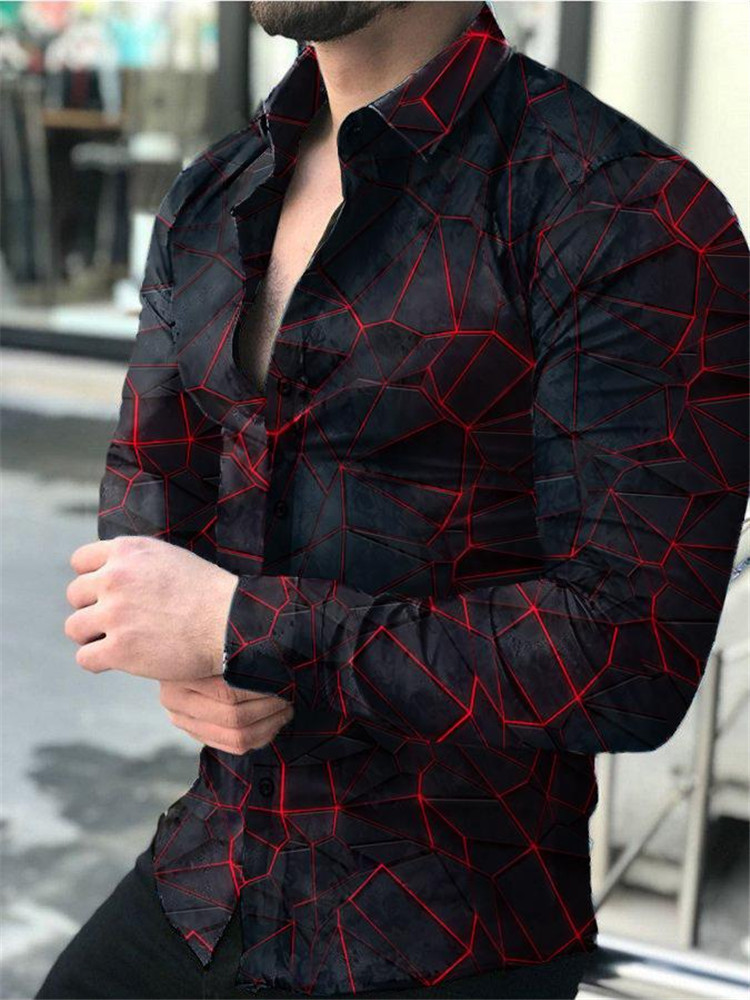 Autumn Hot Sale European And American Men's Pattern Casual Long-sleeved Shirt Top Trendy Black