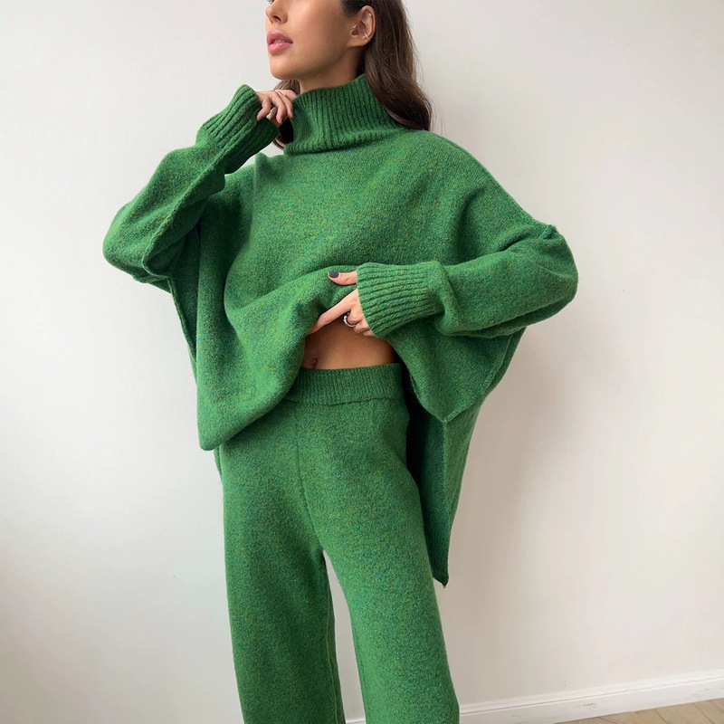 2026 New Cross-Border High-Neck Slit Sweater Set for Women, European and American Style Loose Casual Lazy Knit Long Pants Two-Piece Set