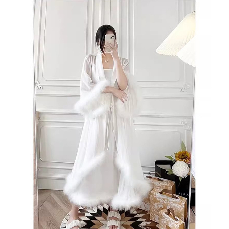 in stock Socialite Fluffy Feather Lace-up Waist Long Morning Gown Satin Sling dress Short Pajamas Home suit