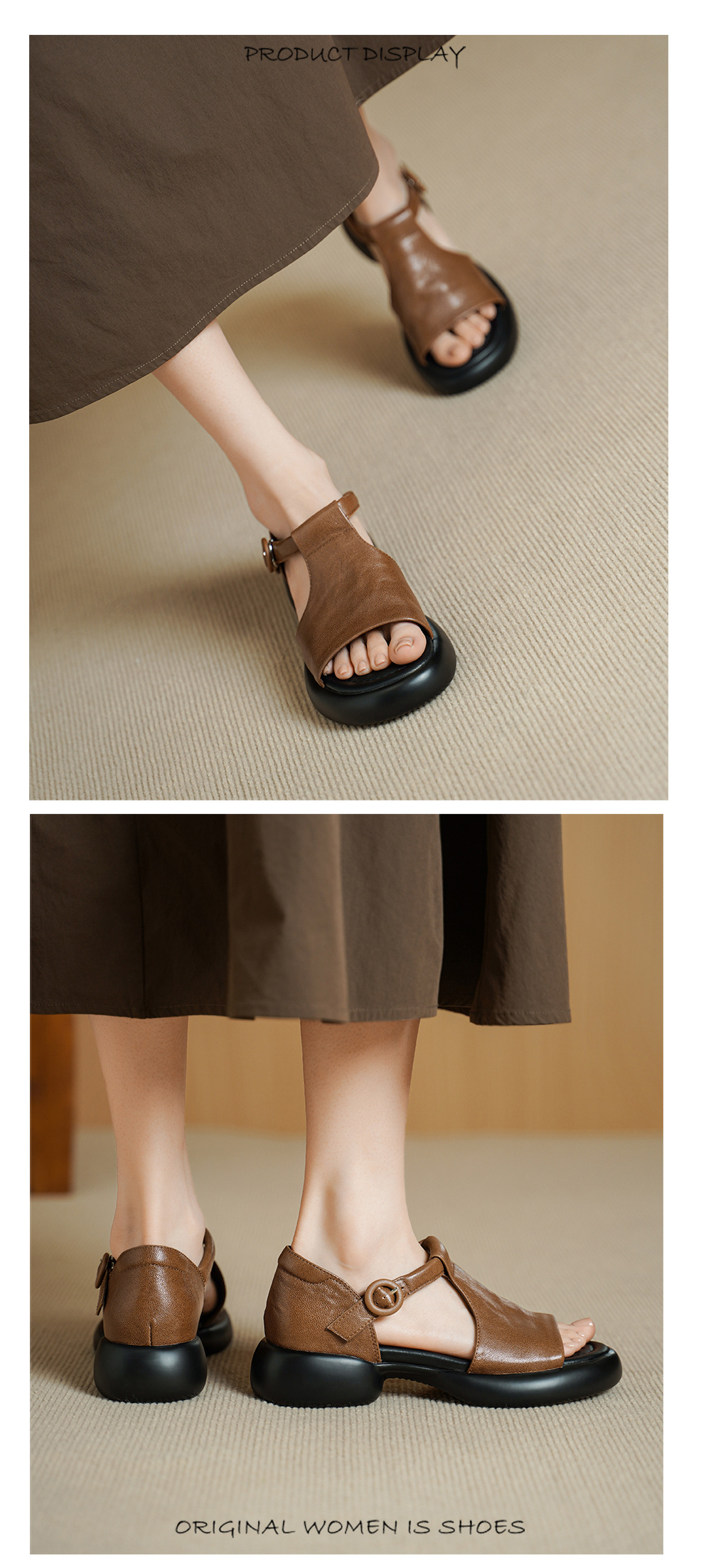 Sandal nữ da cừu mềm đế dày hở mũi, quai chữ T, gót thấp 3 cm, dán ma thuật — Vàng nâu chi tiết 6