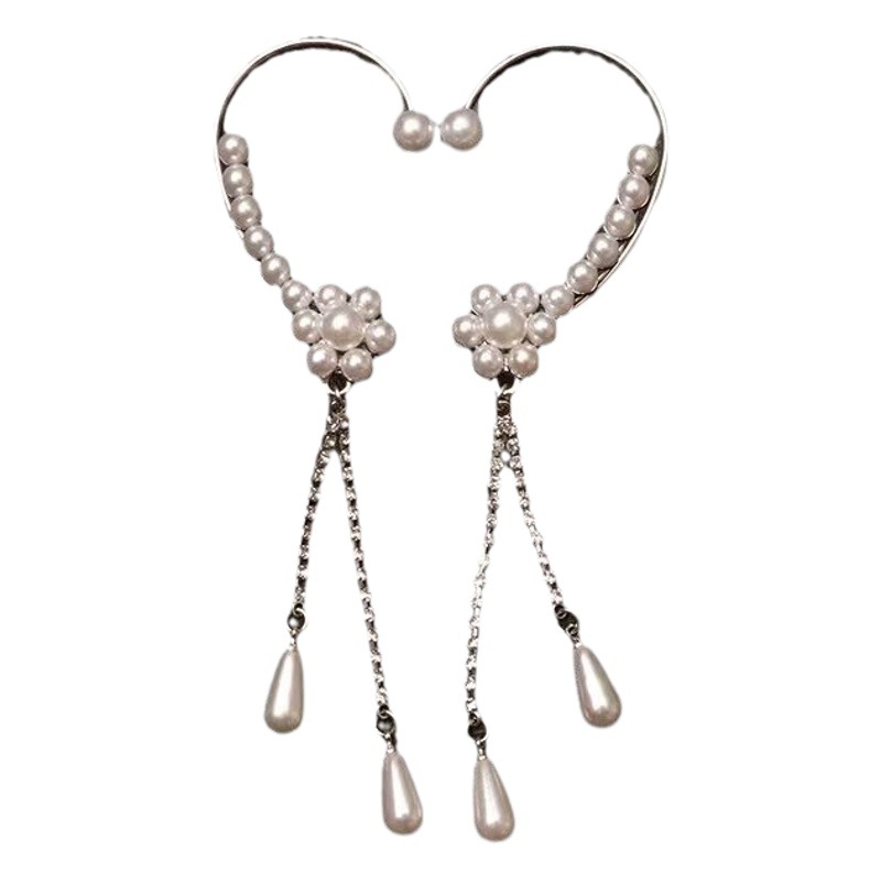 Cross-border new pearl flower tassel ear clip ear hook ear bone clip simple big temperament all-match without pierced high-end wholesale