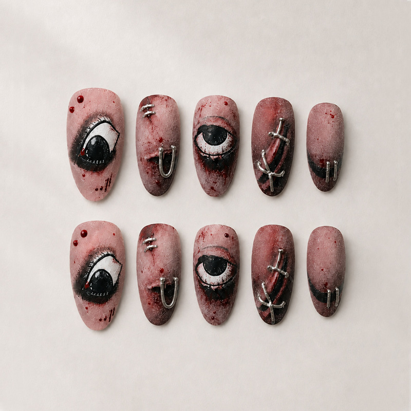 Cross-border wearable nail tips, 30 pieces, almond-shaped, Halloween horror eyeball design, stitched nail art, Halloween nail tips