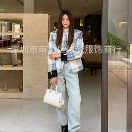 深圳南油高端女装欧美小香风粗花呢复古格纹气质优雅夹棉羊毛外套