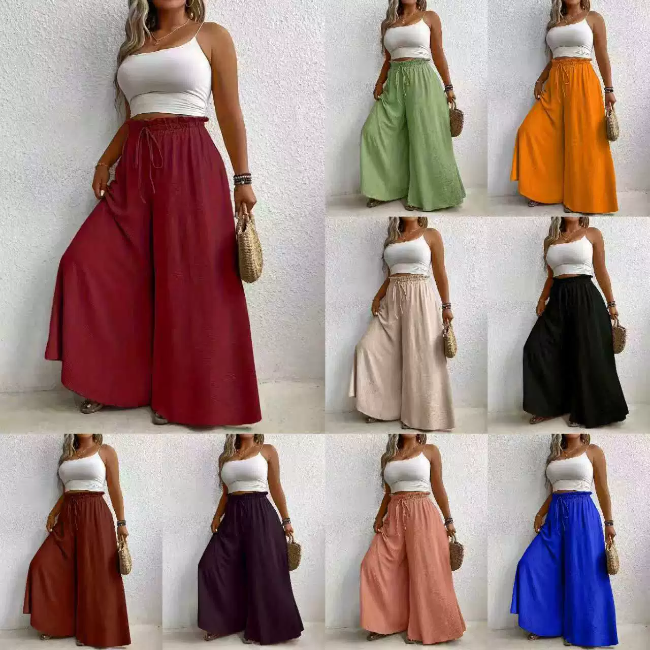 В наличии на Amazon и TEMU: популярные элегантные повседневные женские брюки свободного кроя с широкими штанинами, драпировкой и завязками на талии.