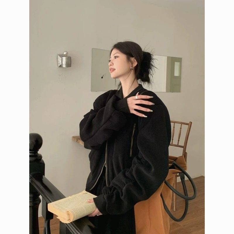 灯芯绒夹棉加厚棒球服外套女秋冬新款设计感立领拉链夹克棉服上衣|undefined