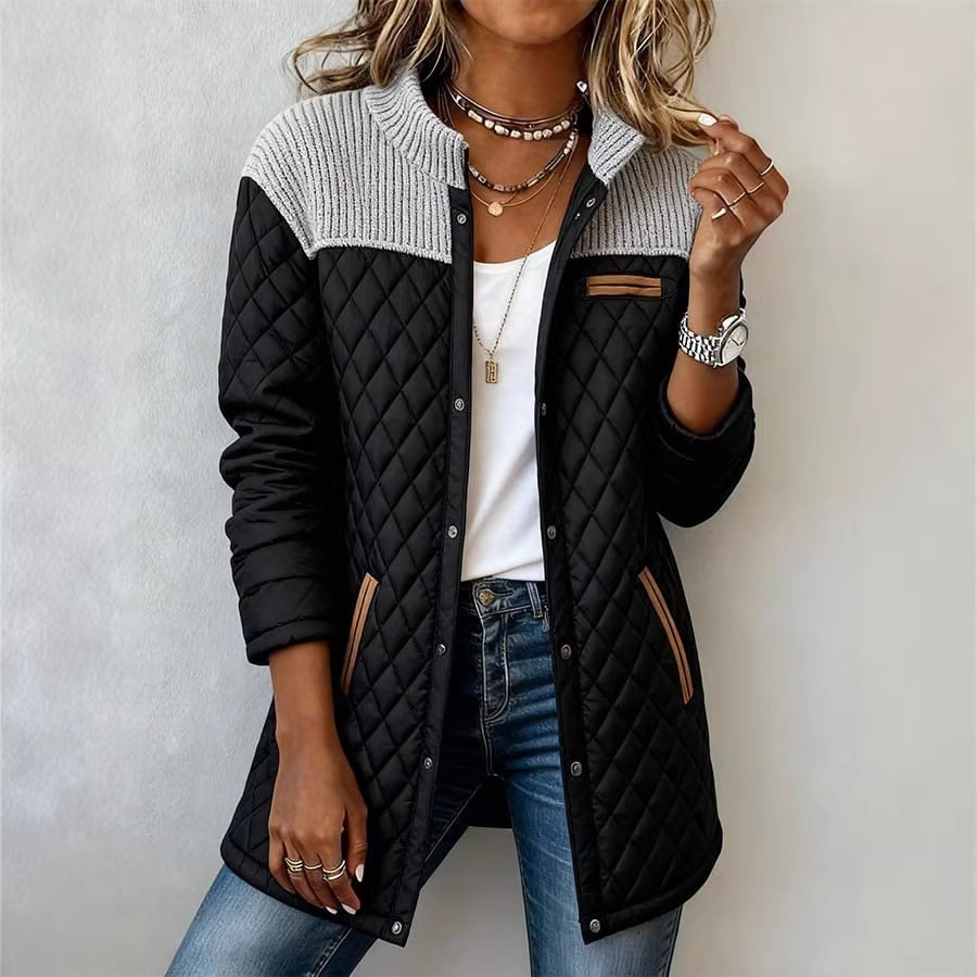 Women's Patchwork Cotton Jacket Long Sleeve Round Neck Diamond Pattern Loose Fit With Pockets Outerwear_voghion.com