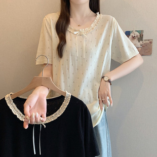 Plus Size Women's Clothing 2025 Summer New Slim Lace Knitted Tops Fat mm Versatile Ice Silk Short-Sleeved T-Shirts