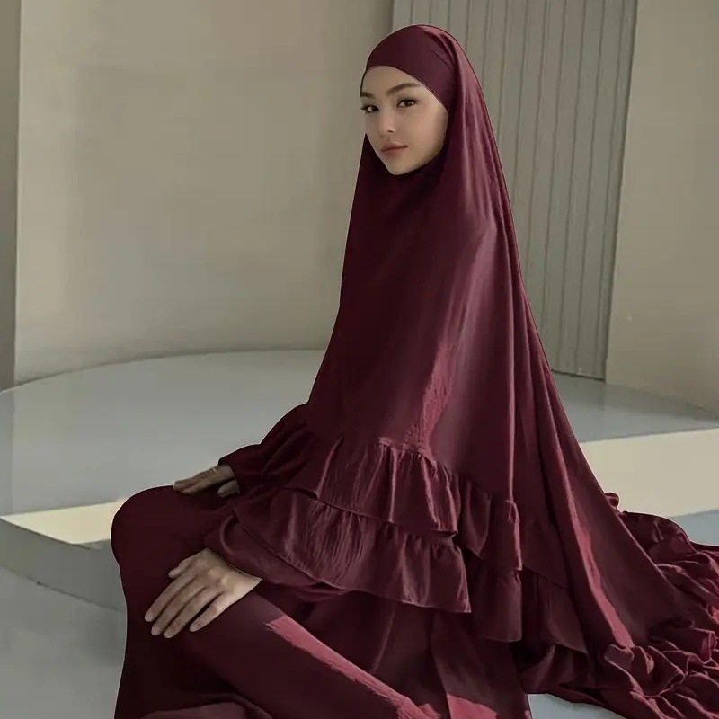 Middle Eastern Two-piece Outfit, Double-layered Ruffled Long Headscarf + Multi-colored Long-sleeved Robe DS111_ecoleips.com