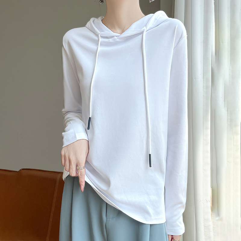 80 mercerized cotton long sleeve T-shirt women's spring and autumn fashion hooded sweater loose breathable versatile base shirt top